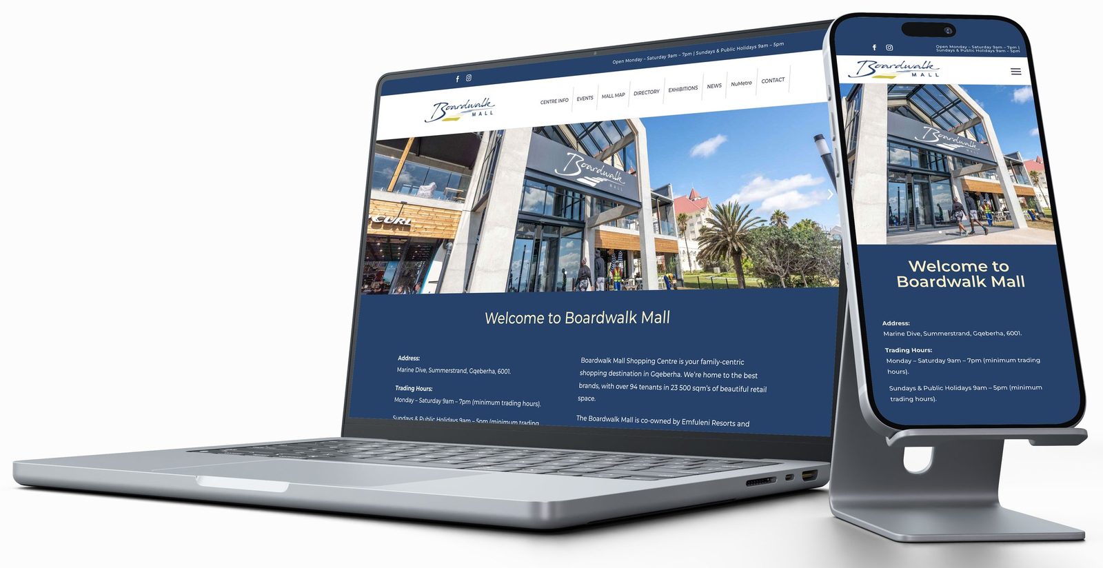 Boardwalk Mall website on laptop and phone